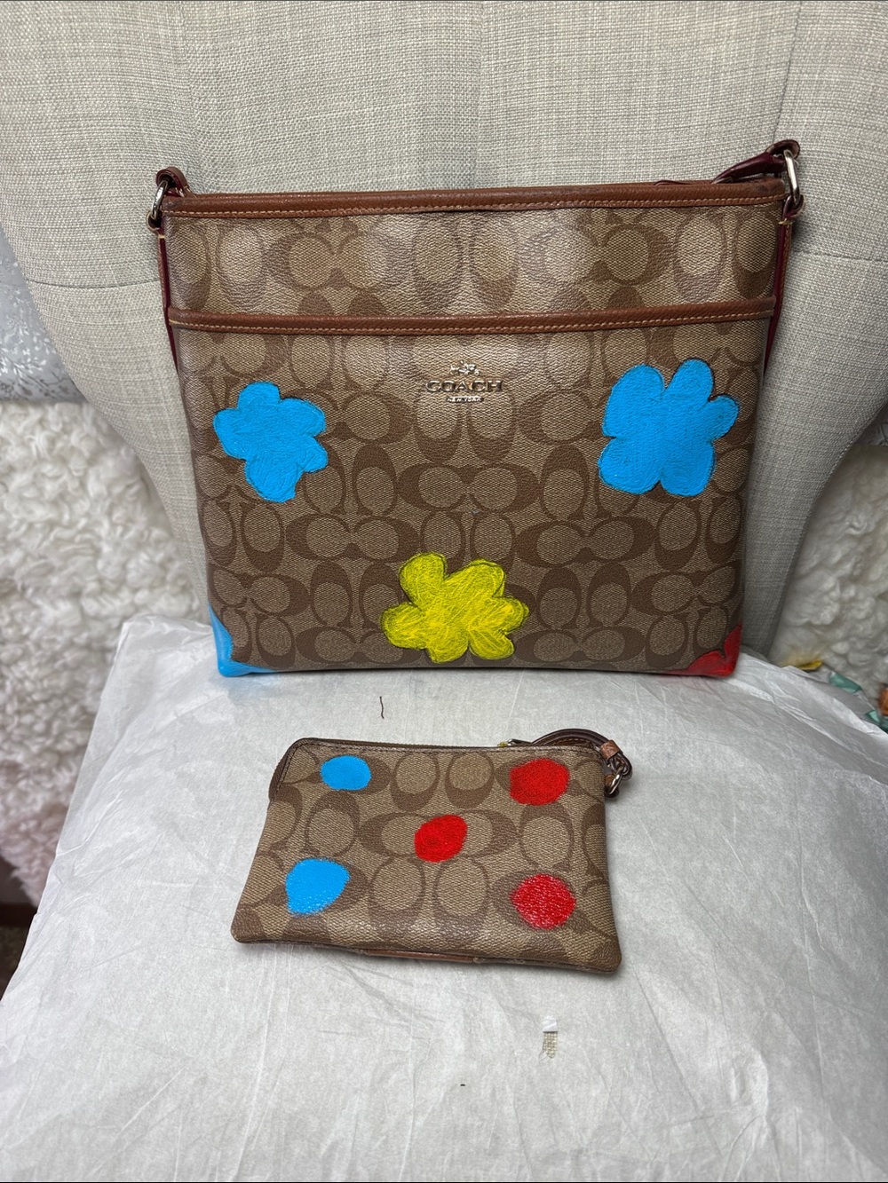 Coach Brown Signature Crossbody with Blue, Yellow and Red Floral Accents